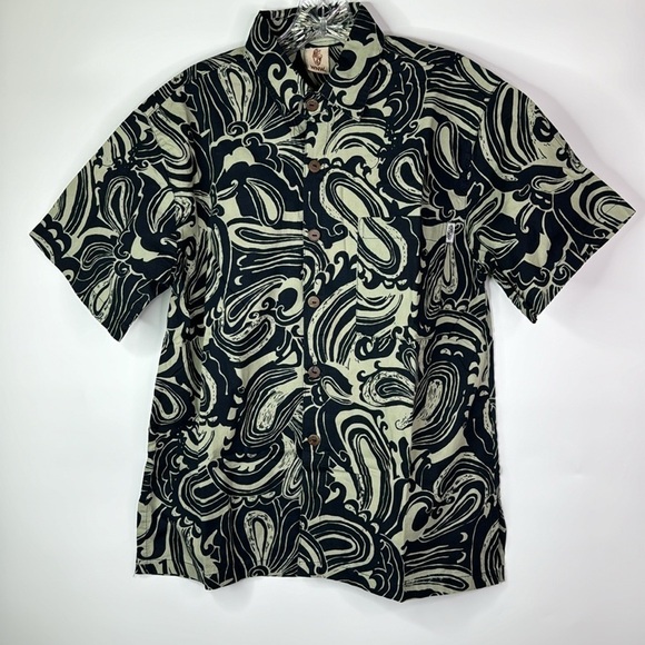 Wayan Natural Wears Tropical Button Down Navy Blue Shirt Large - Picture 1 of 10